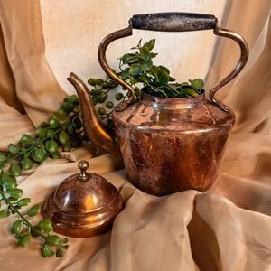 Antique Copper Tin Lined Tea Kettle with Wooden Handle